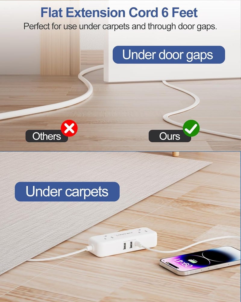 Waksmart سلك تمديد مسطح 6 أقدام - 4 مآخذ كهربائية و 3 منافذ USB (5V/3.4A 17W) ، شريط طاقة مسطح مدمج للجامعة والسفر والرحلات البحرية والمنزل والمكتب - Image 5